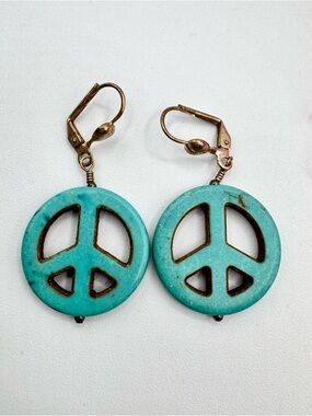 Gemstone Peace Sign Earrings Faux Turquoise Dyed Howlite Festival Flower Child